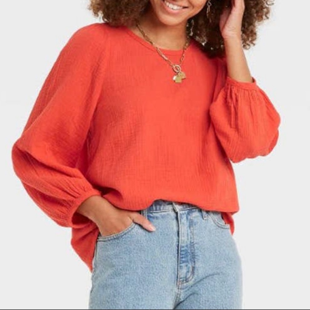 Like New Universal Thread Gauze Balloon 3/4 Sleeve Blouse in Arancia Orange